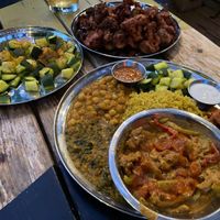 soy curl tikka masala plate, spicy cucumber, broccoli and cauliflower pakora at The Sudra - 28th Ave in Portland