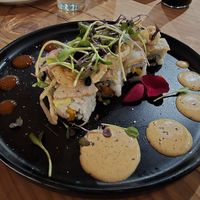 "The Village" smokey yam, okra, and lions mane roll at Village of OM in Sacramento