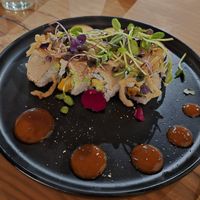 "The Village" smokey yam, okra, and lions mane roll at Village of OM in Sacramento