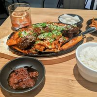 Trumpet Iron Skillet Bulgogi:
Grilled Trumpet Mushrooms, Onions, Kimchi, Daikon, Broccoli at Village of OM in Sacramento