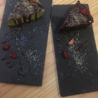 The wonderful Avacodo-Lime and Chocolate Cheesecakes (raw, exceot for the baked nut base) at Lucuma in Guadalajara