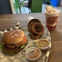 Chicken sandwich, onion rings, cherry float!  at Bad Garden Kitchen in Lancaster