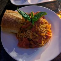 Spaghetti with olives, eggplant, tomato, etc. at FERRO in Idyllwild