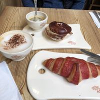 gorgeous vegan hibiscus croissant, with an oat milk cappuccino💗 at Le Pain Quotidien - Varenne in Paris