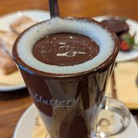 Dark chocolate and oat milk hot chocolate at Slattery in Manchester