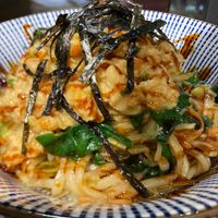 Udon with fresh spinach, carrots, spring onions, soy and miso ragout, cabbage, teriyaki sauce and nori seaweed: the portion is quite large  at Yume Ramen in Rimini