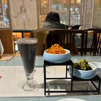 Seasonal vegetables and a sesame drink  at Wenxian Vegetarian Tea Restaurant in Taiyuan