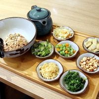 Lei cha in the pot comes with these small dishes.  at Simple Life - Jalan Sultan Ismail in Kuala Lumpur