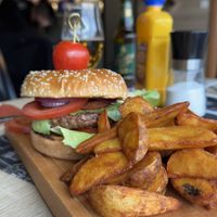 Vegan burger with potato wedges   at Konoba Vidikovac in Niksic