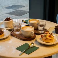 Chocolate Coffee Entremet, Apple Entremet, Grapefruit Guava Tartlet, Chocolate Pomegranate Tartlet at Benevola in Barcelona