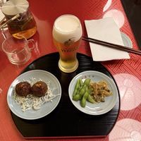 Karaage with Sichuan sauce, edamame and pickled mustard greens with chilli oil  at Vegan Izakaya Masaka (ヴィーガン 居酒屋 真さか)- Kyoto in Kyoto
