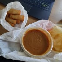 Vegetable spring rolls and curry sauce at The Wokshop Dundee in Dundee