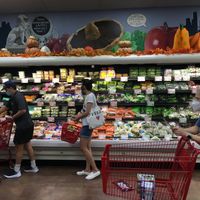 Produce--and long checkout line  at Trader Joe's - Broadway in New York City