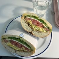 Tofu egg scramble and tempeh bacon bagel  at Pureun Deli - 푸른델리 in Seoul