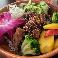 Vegan chicken teriyaki don at The Buzz Sushi & Market in Santa Cruz