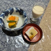 Starters with delicious Japanese soy milk   at Sabo Mameya - 薬師豆富茶房まめ家 in Nagano