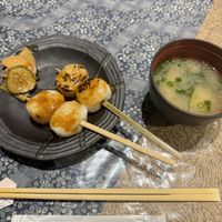 Rice balls and miso soupp  at Sabo Mameya - 薬師豆富茶房まめ家 in Nagano