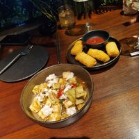 Amazing tofu bites with eggplant salad, with vegan cashew cheese at DAO Sushi in Koh Samui