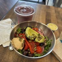 Berry smoothie w Hemp protein & harvest grain bowl  at THORN + ROOTS in Saratoga Springs