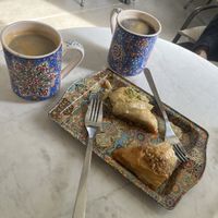 Turkish coffee and 2 types of vegan baklava: pistachio and walnutt  at Kismet Cafe in Lafayette