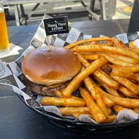 Vegan Smashburger with Fries at Happy Place Eatery in Ventura