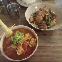 vegan tom kha soup and tofu stir fry at Me Thai in Auckland