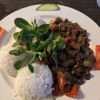 Champions with sauce and Jazmine rice  at Laibon in Cesky Krumlov