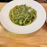 Vegan pesto pasta with a vegan pesto sauce, green beans and another veggie, and vegan Parmesan cheese. Offers vegan and vegetarian and owners know the difference!  at Eat-Alley Asakusa in Tokyo