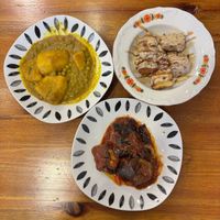 Potato curry, eggplant in tomato sauce and cauliflower in tahini sauce (can be made vegan on request) at Ashur Banipal in Sofia