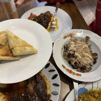 Samosas, tahini cauliflower and eggplant in a sauce  at Ashur Banipal in Sofia