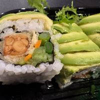 Roll: Tempura fried tempeh, asparagus, carrots, cucumber, topped with avocado and sweet chili mango sauce (I asked for no chili sauce on this one) at Zen Sushi in Asheville