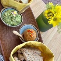 Cardón - guacamole and hummus, with chips and bread.  at Berro Bistrot in Gran Canaria