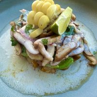 Bicácaro - mushroom ceviche marinated with lime, cayenne and coriander, with baked sweet potato, avocado and vegetable tiger milk with seaweed broth.  at Berro Bistrot in Gran Canaria