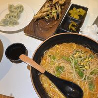 Dumplings, mala noodles and eggplant dish mmmmmm!  at Myeongga Uyukmyeon - 명가 우육면 선릉점 in Seoul