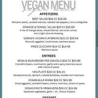 Vegan menu  at Smithtown Pasta House in Smithtown