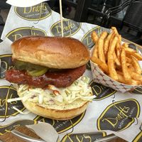 Hot Bok Bok “chicken” sandwich with seasoned friesd  at Drafts Burger Bar in Park City