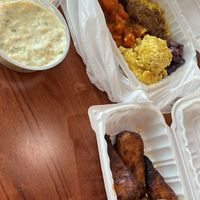 Potato Salad, Yams, Chickpeas w/ rice, Purple Cabbage, Mac n Cheese, Country Fried Steak, Lasagna, & Jerk Chicken  at Soul Veg City in Chicago