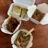 My niece had  quesadilla, I ordered the stir-fry veggies,  & we split some cauliflower wings & french fries for an appetizer.  We split a piece of cinnamon roll cake (not in pic).  at Soul Veg City in Chicago