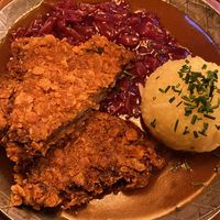 Soy cutlet (oh my, it tasted like real meat) with red cabbage and potato dumpling. Comfort food at its best   at Bodhi in Munich