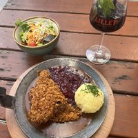 Pfanderl steak in beer sauce with cabbage and potato dumplings  at Bodhi in Munich