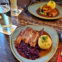 Vegane "Ente"/vegan "duck" with Blaukraut and Knödel // vegane Rouladen mit Rosenkohl und Knödel at Bodhi in Munich
