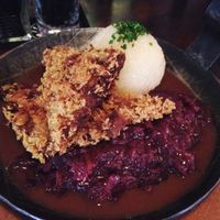Pfanderl - seitan steaks, potato dumpling, red cabbage and beer gravy  at Bodhi in Munich