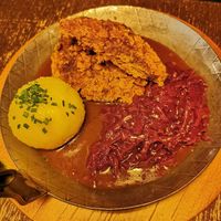 Crispy soy steak with potato dumpling and red cabbage (the lighting doesn't do it justice) at Bodhi in Munich