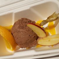 Chocolate mousse with a mango sauce at Bodhi in Munich