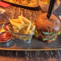 Tempeh burger (with extra patty and cheese) and fries at Bodhi in Munich