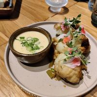 This is from the dinner menu: cauliflower with miso sauce, pistachio, and many more stuff. Although not clearly marked as vegan, I couldn't find ingredients suggesting the opposite at Gustav Kitchen & Bar in Rovaniemi