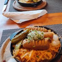 Vegane Rösti mit Sauerkraut und veganer Wurst at Fein Restaurant in Leukerbad