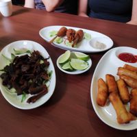 Fried mushrooms, springrolls and vegan wings at Maitreya Healthy Vegetarian Restaurant in Phnom Penh