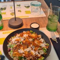 Caesar salad with rice paper- local addition of smoked paprika flavour at BioMania Bistro in Zagreb