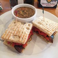 Grilled vegetable panini -- no cheese-- with a cup of lentil soup! at Panini Cafe in Woodland Hills